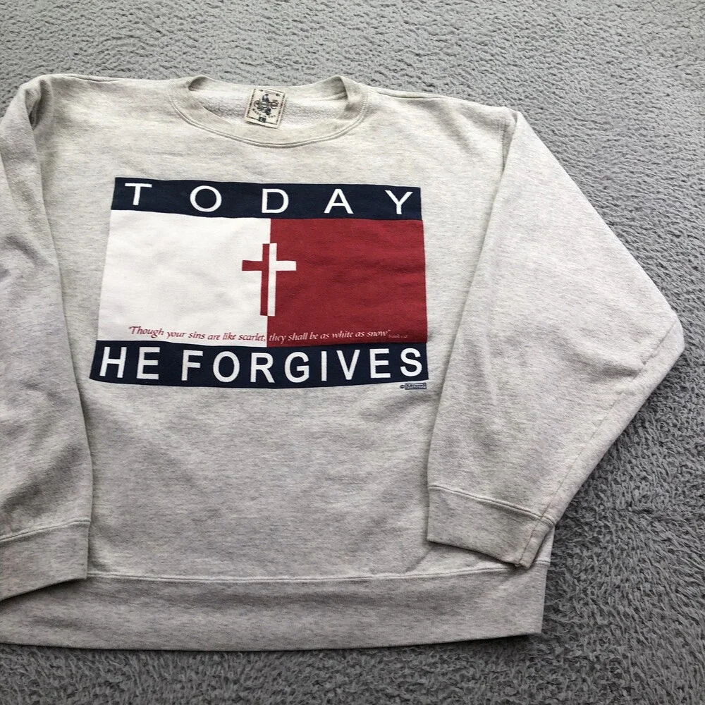 Vintage Religious Sweatshirt Mens Large Gray Crewneck Today He Forgives Cross
